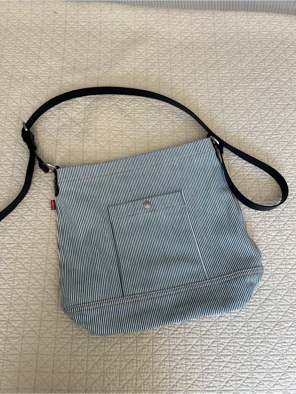 Levi's Blue and White Striped Messenger Bag with Black Strap
